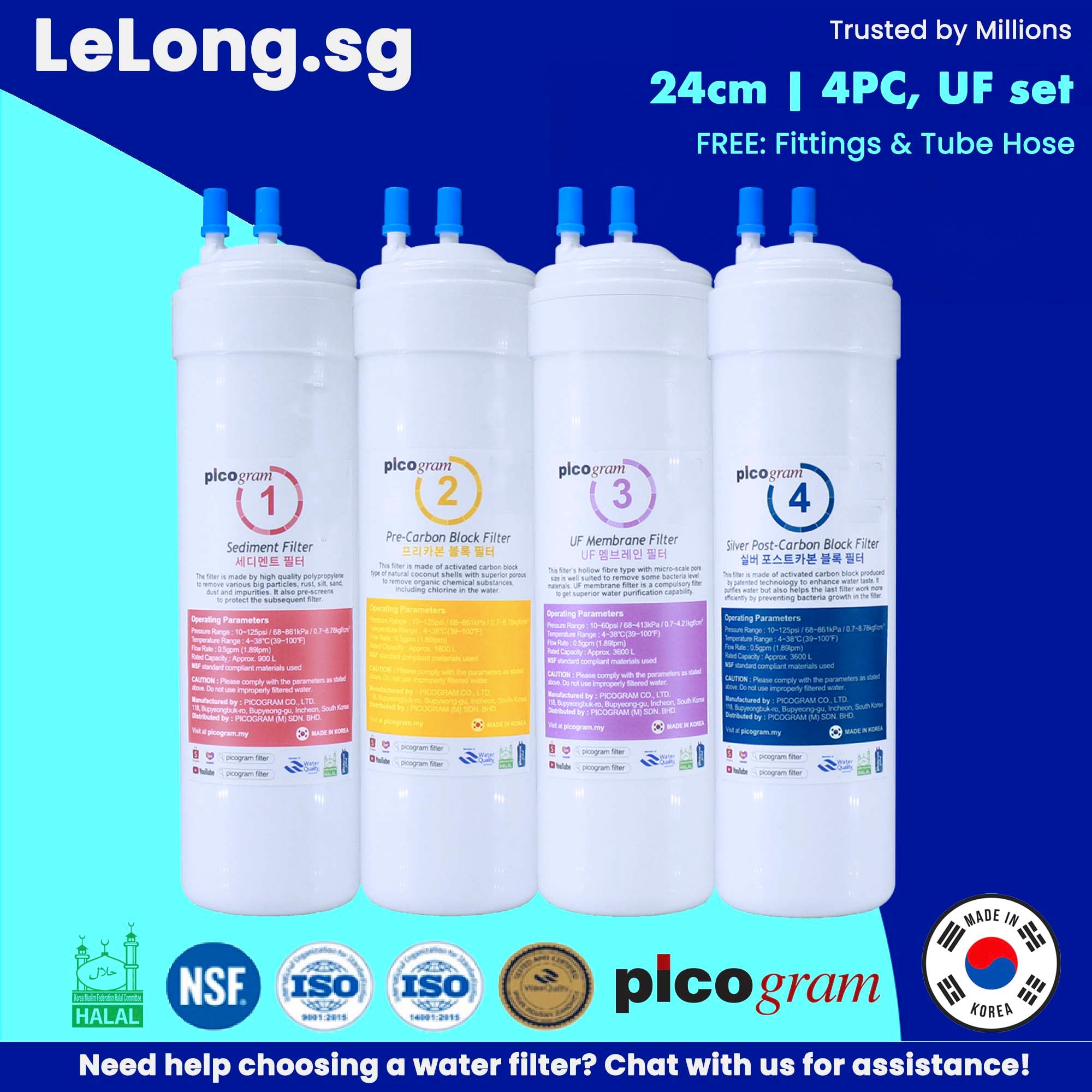 4PC UF Set , Korea Picogram Filters Cartridge for Korea Water Purifier, Coway, Cuckoo, Aox Tong Yang Magic Water Purifier Water Dispenser Water Filter