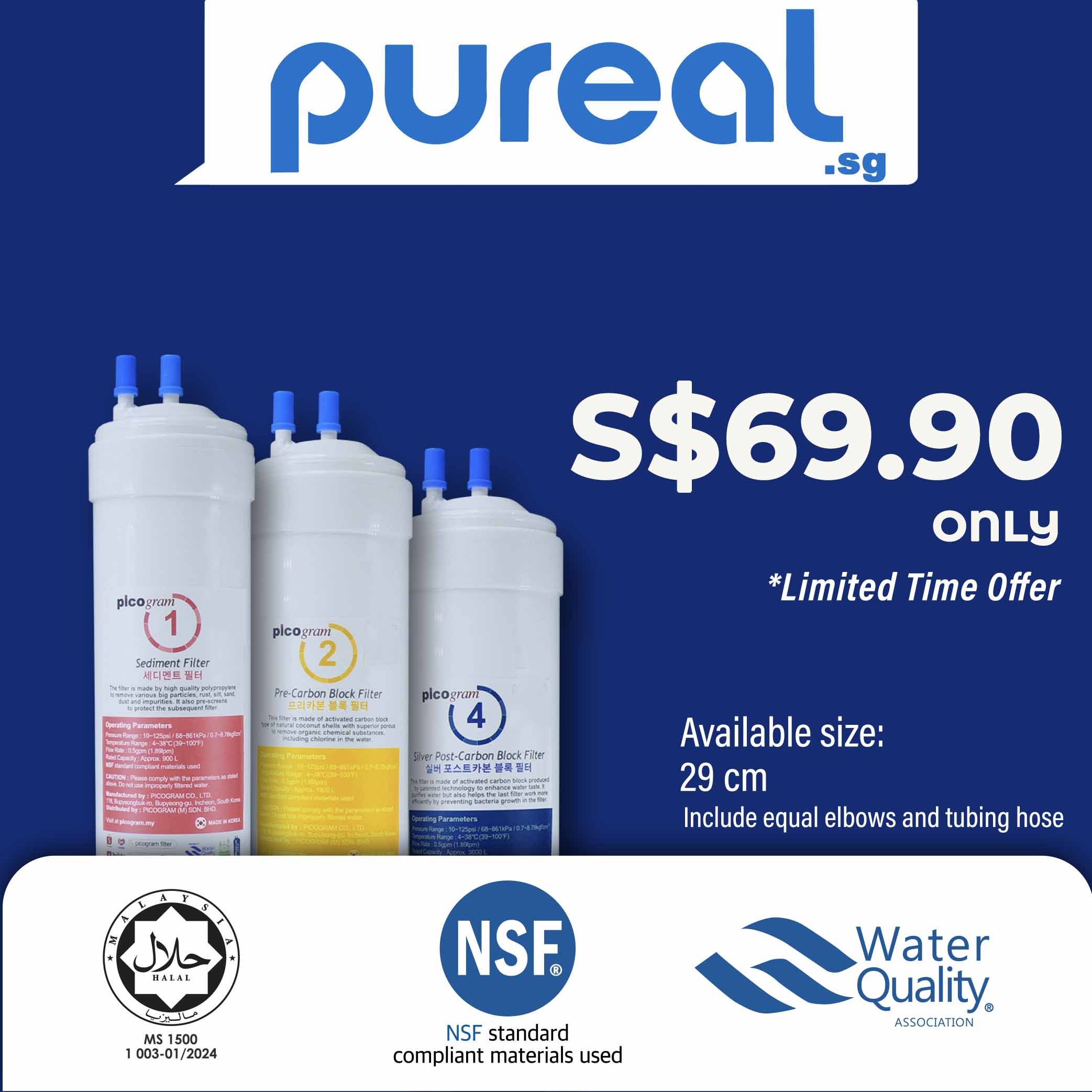 (Jakim Halal)Pureal Premium 3PC, 29cm Sediment, Pre-Carbon, Silver-Carbon, Water Filter, Water Dispenser, Water Purifier