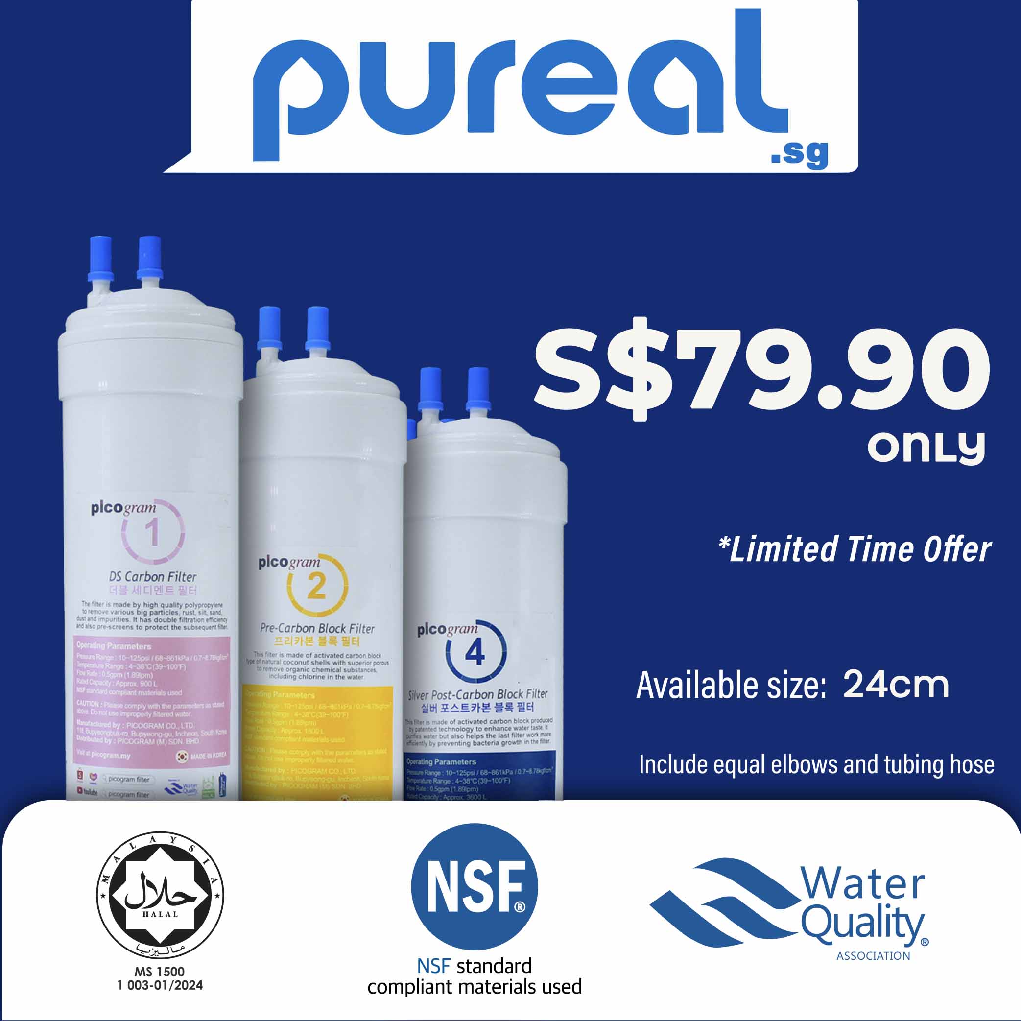 (Jakim Halal)Pureal Premium 3PC, 24cm Sediment, Pre-Carbon, Silver-Carbon, Water Filter, Water Dispenser, Water Purifier
