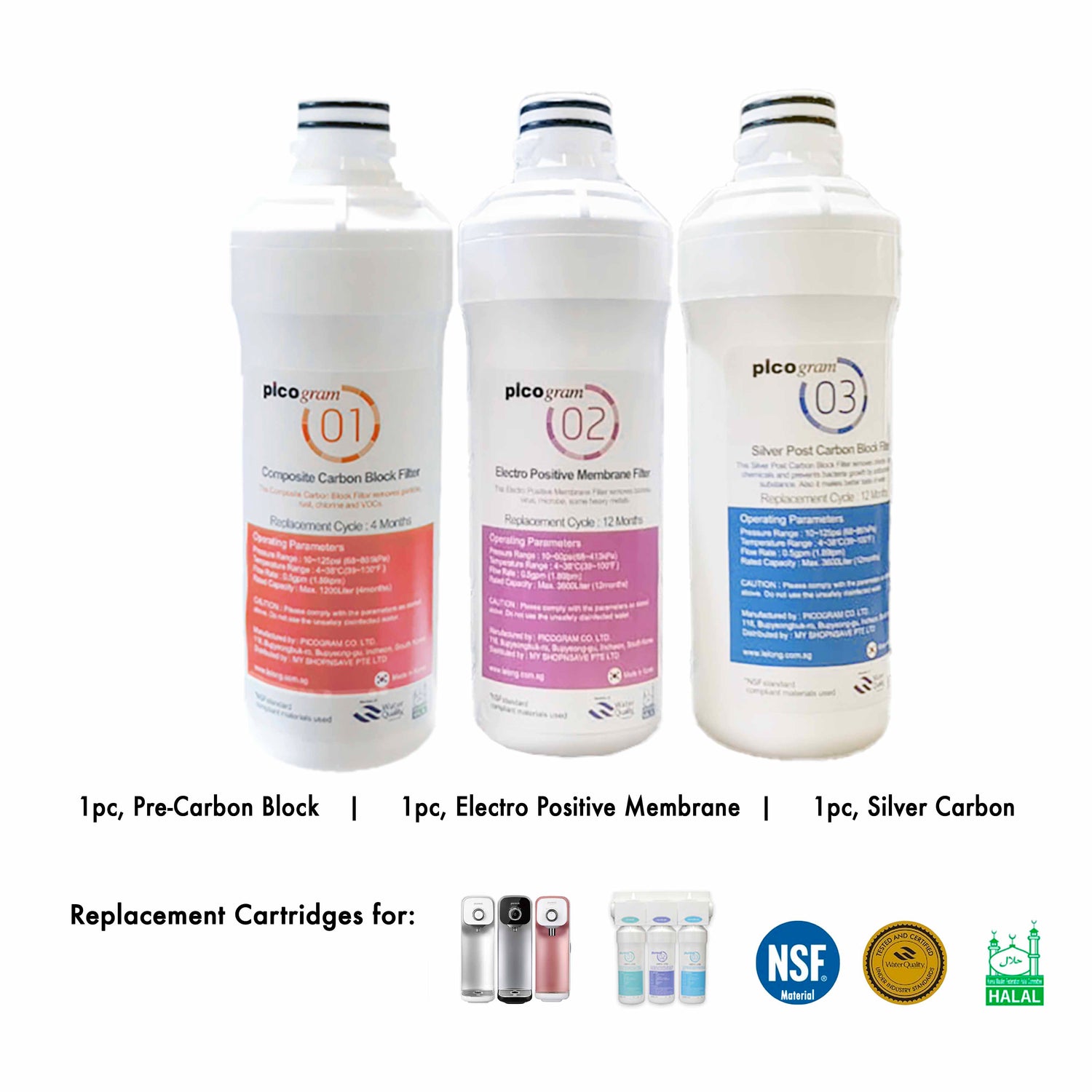 Replacement cartridges, Pureal PPA100, PPU200, PPH200, CounterTop Water Purifier