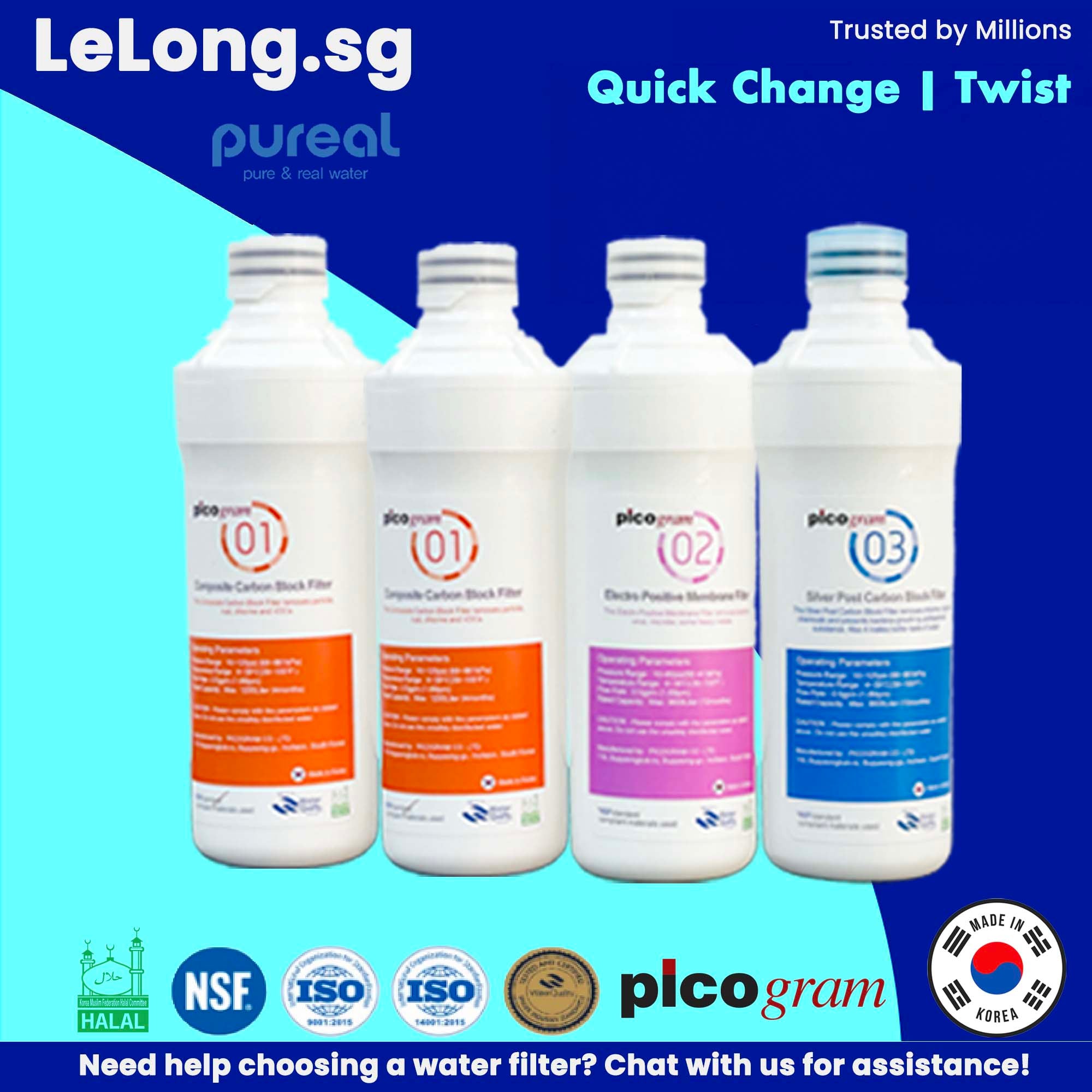 4PC set / Pureal water filter Replacement Cartridges, Compatible with Livgcare, Undersink System