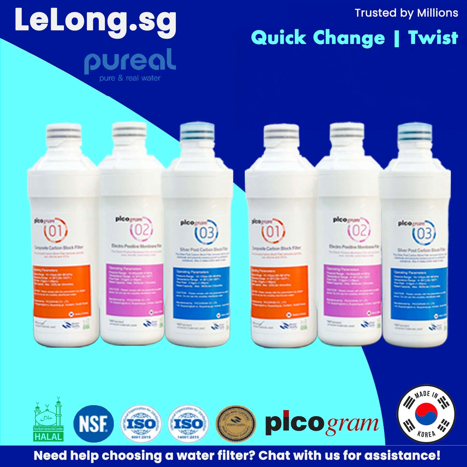 6PC,  Pureal PPA100 / PPA300/ PPU200 / PPH200, pureal replacement water filter cartridges