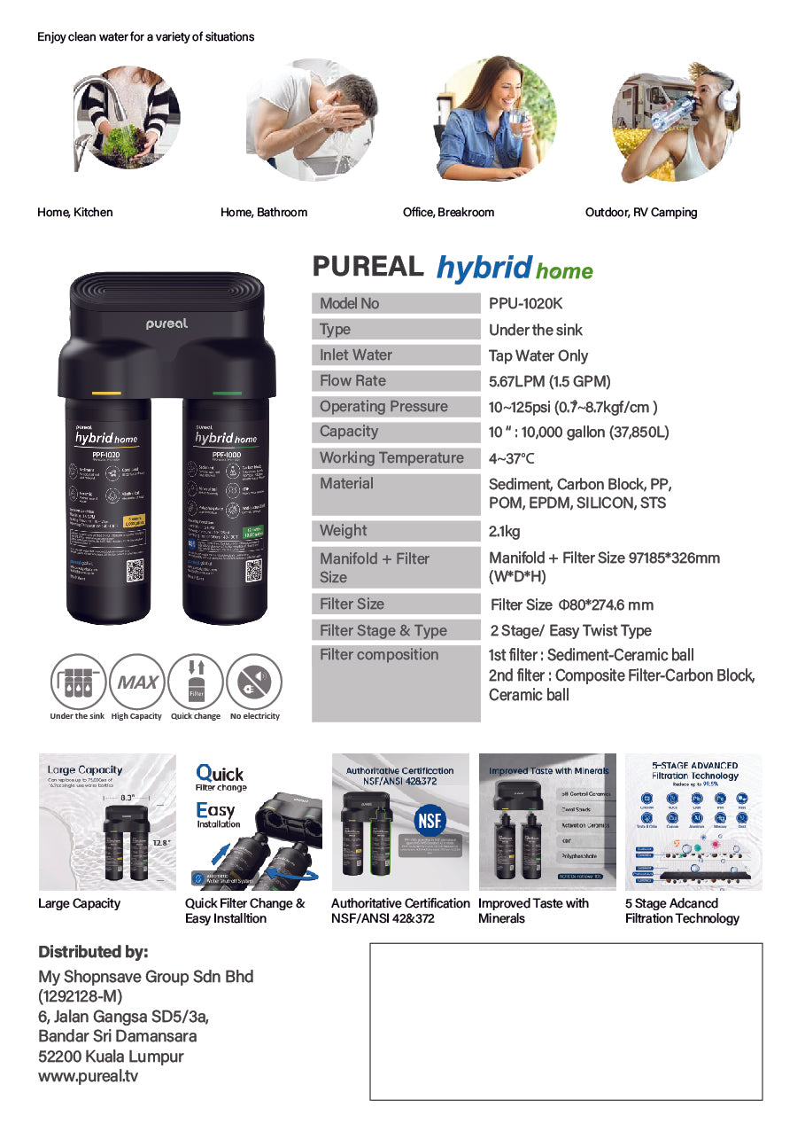 Pureal Hybrid Home PPU1020K Under Sink Water Filter System, 38,000 Litres, NSF 42 & 372, food preparation, cooking, drinking & showering