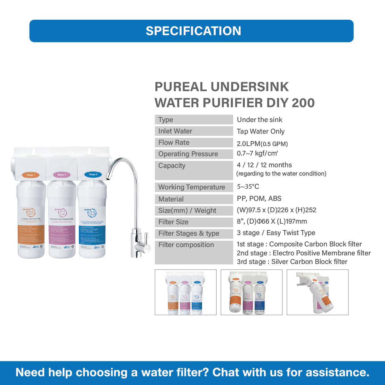 Pureal PPU200 UTS UnderSink Water Purifier *FREE additional 2PCs Filter 1