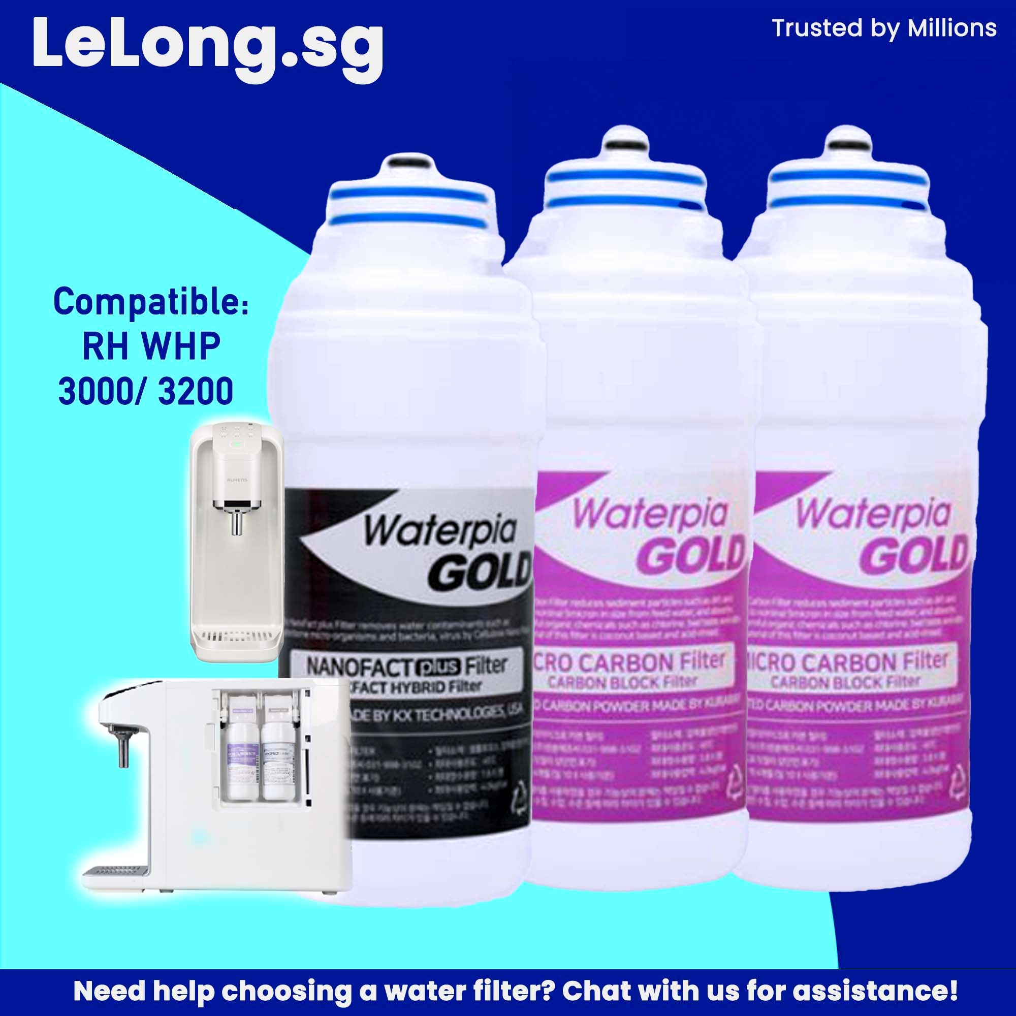 RH V series 3000 & RH 2300 & Hydroflux replacement Filter Cartridges Only, Filter 1, 3-in-1 Micro Carbon Filter + Filter 2, NanoFact Filter