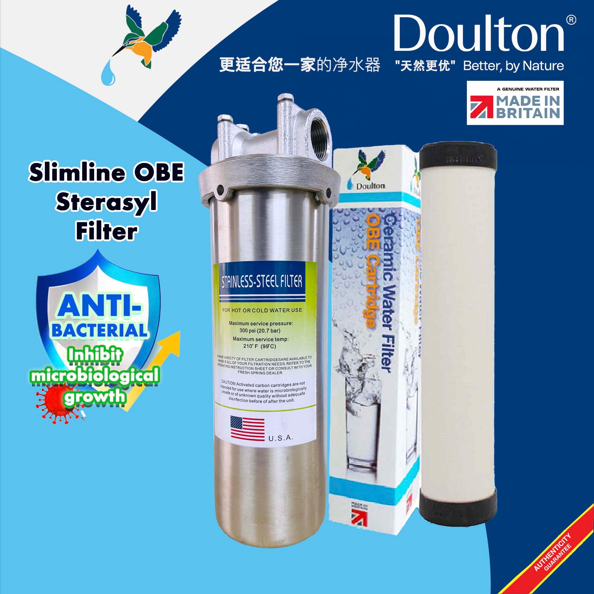 Doulton Slimline OBE Sterasyl/Ultracarb/Imperial OBE Sterasyl/ Ultracarb with Stainless Steel POE Housing - Advanced Cyst, Antibacterial, Sediment & Rust Reduction for Clean, Pure Water