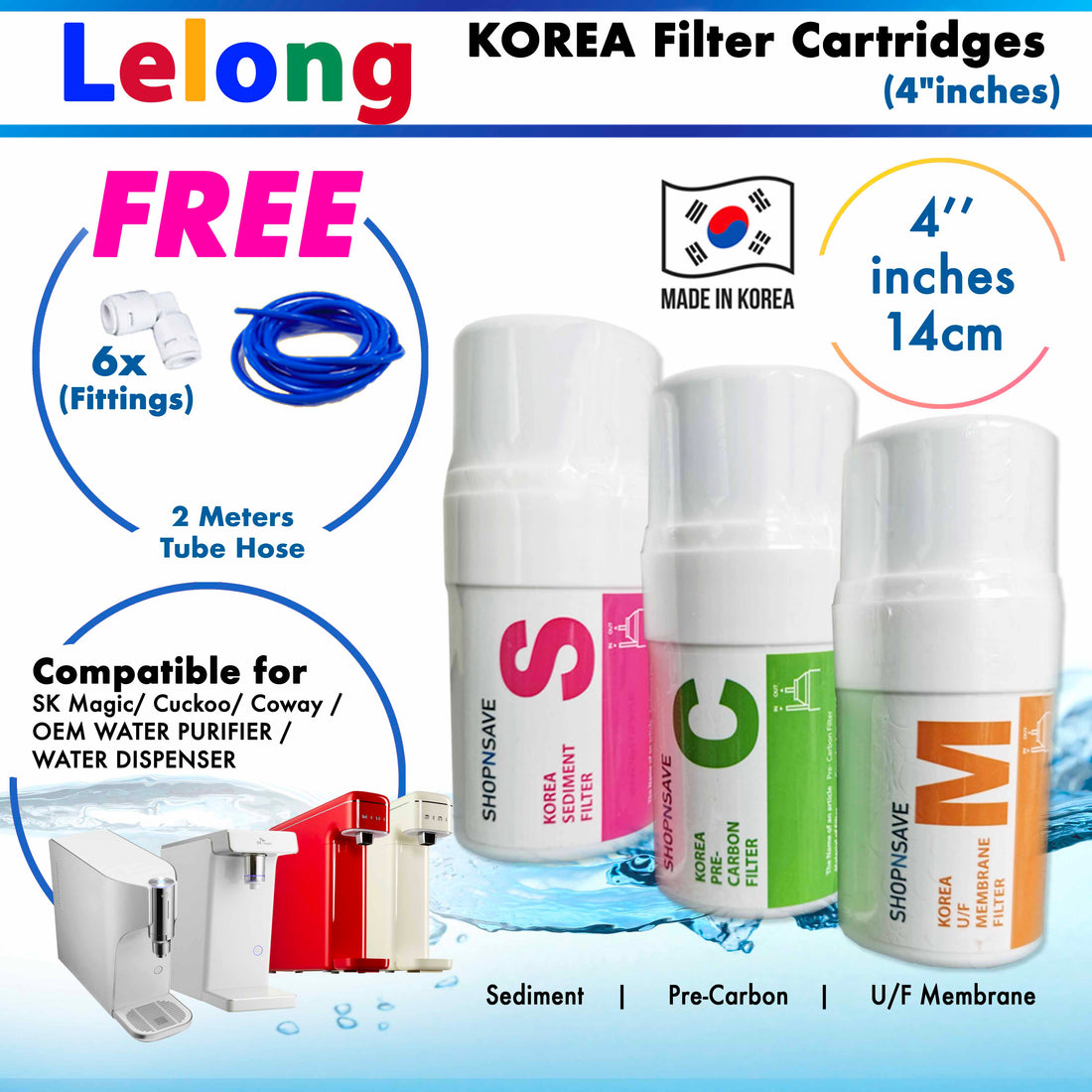 KOREA Compatible Replacement Filter Cartridges for Wells, Cuckoo / SK Magic / OEM Water Purifier / Rapi / Hyper WPU (4"inches)/14cm