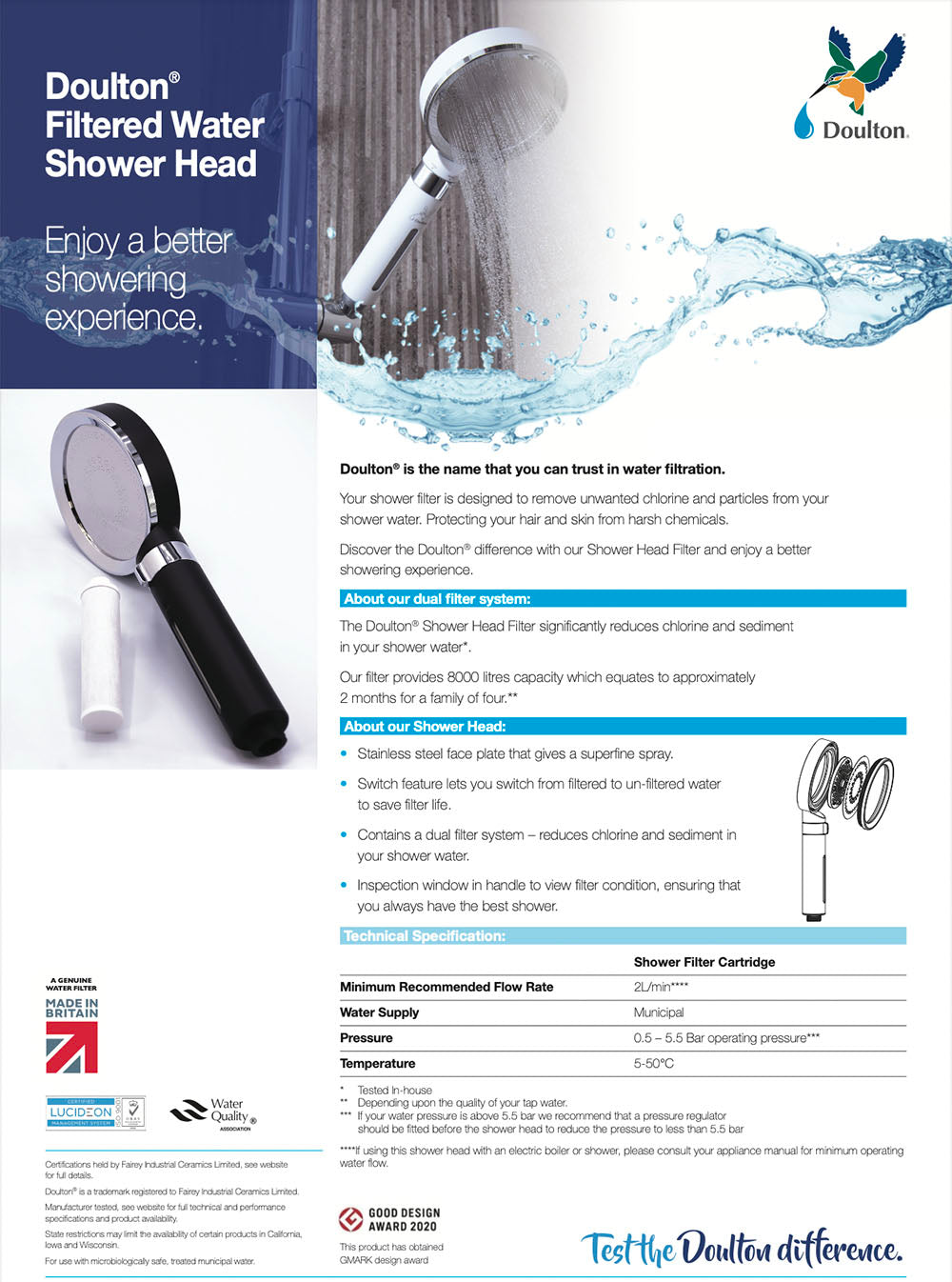 Doulton Filtered Water Shower Head, dechlorination & particles reduction