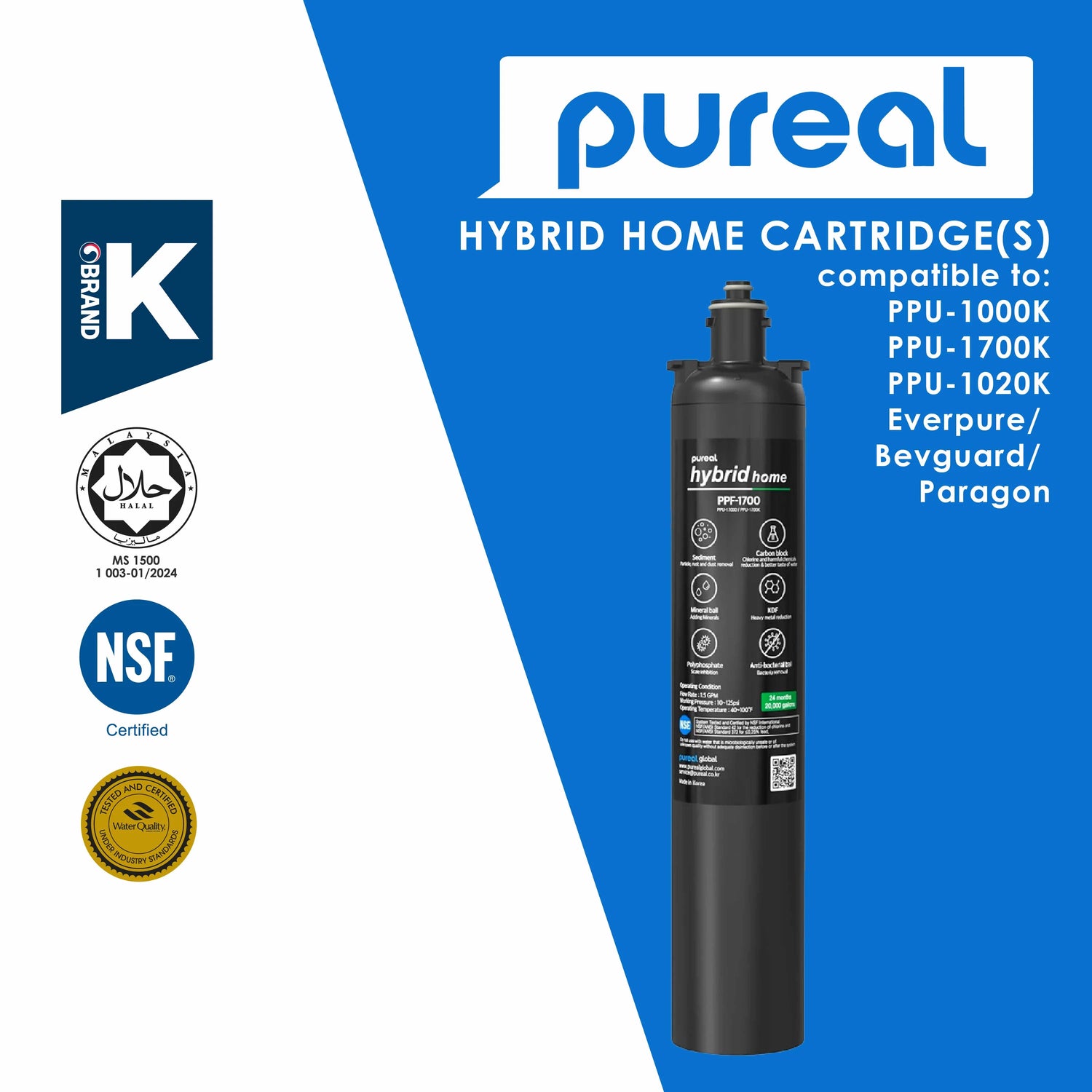Pureal Hybrid Home PPU1700K Under Sink Water Filter System, 20K Gallons, NSF/ANSI 42&amp;372, Mineral Sediment Carbon Block KDF Polyphosphate Filter for Scale &amp; Lead &amp; Chlorine
