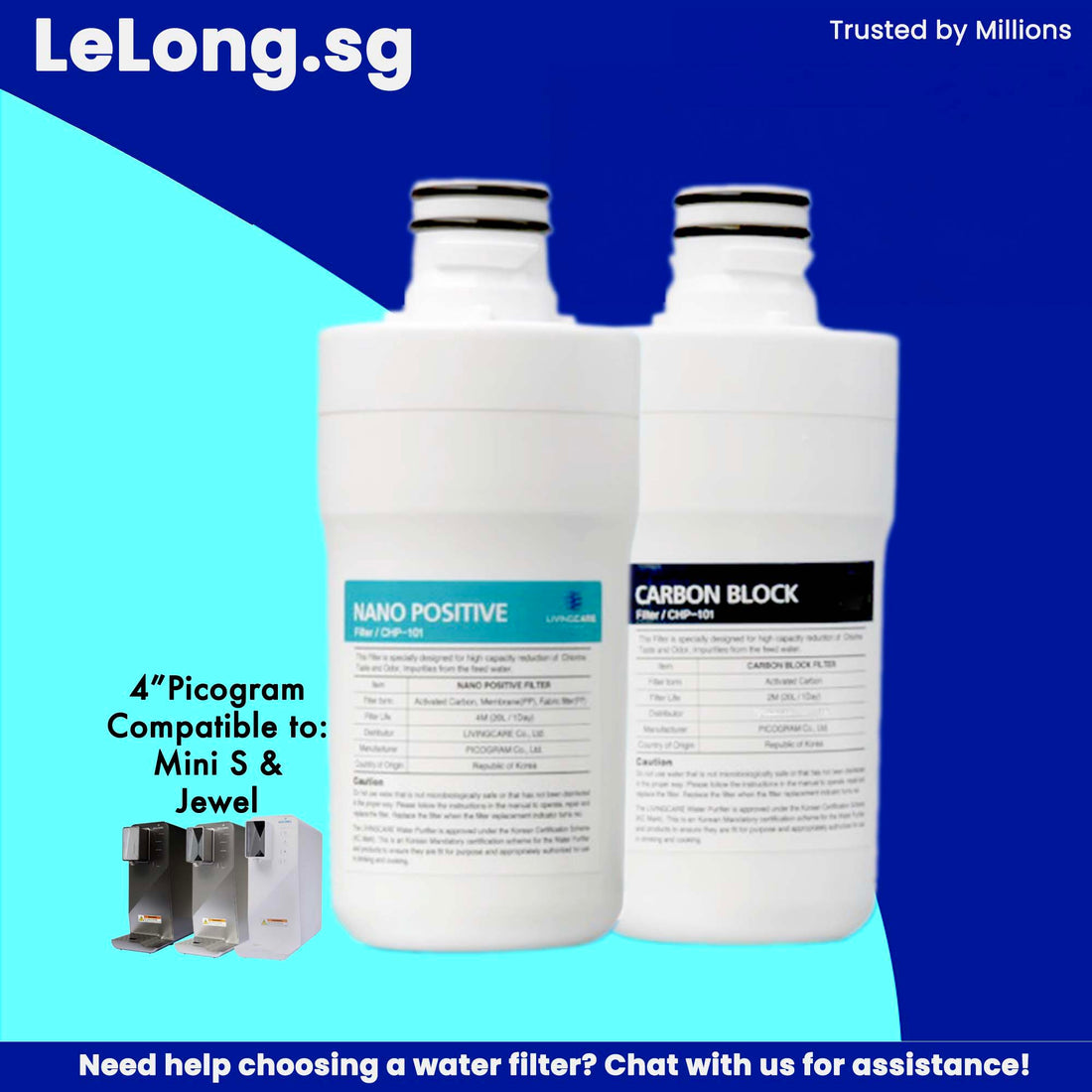 Replacement Cartridge with Livgcare, Ioncares power by Picogram, 4" quick change filters