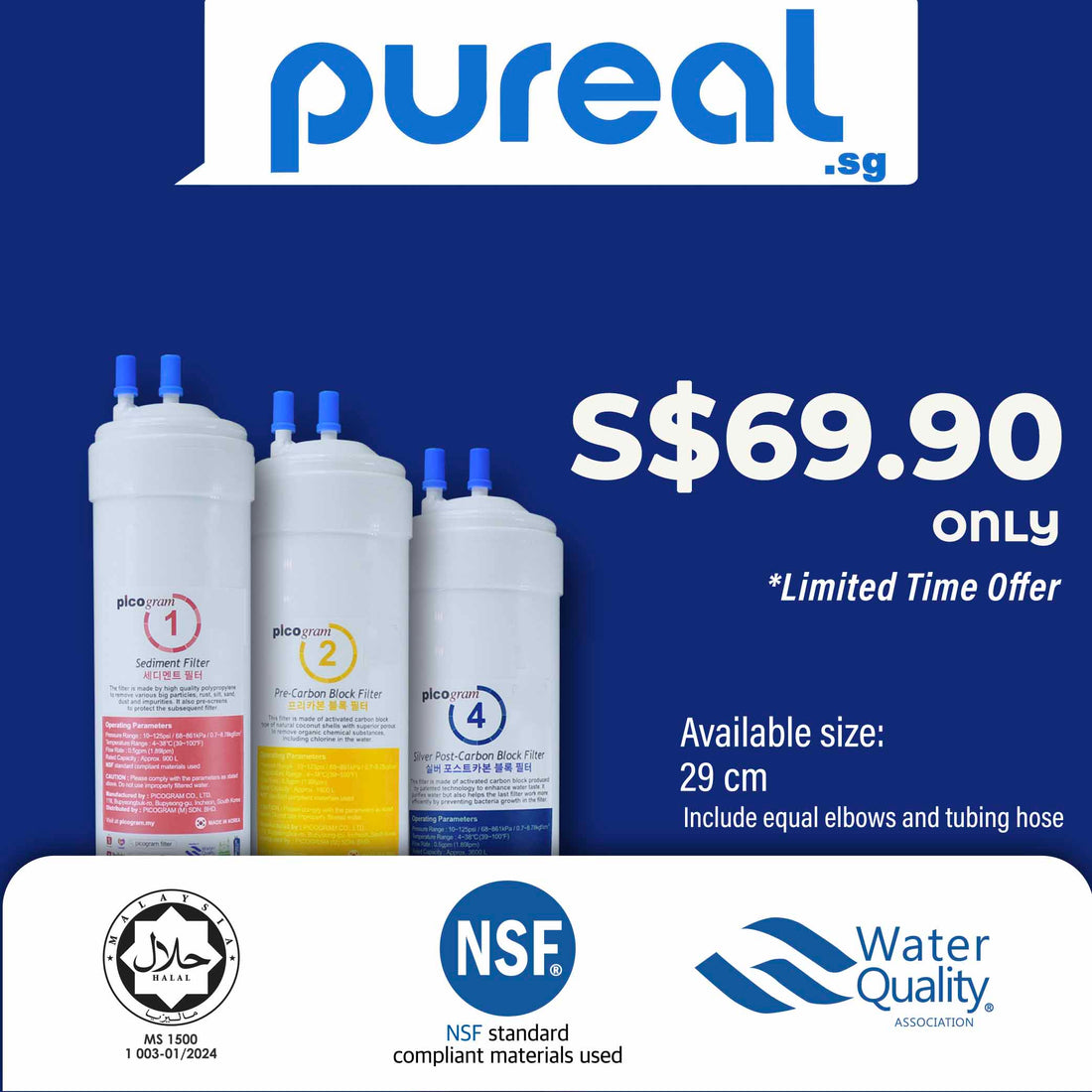 (Jakim Halal)Pureal Premium 3PC, 29cm Sediment, Pre-Carbon, Silver-Carbon, Water Filter, Water Dispenser, Water Purifier