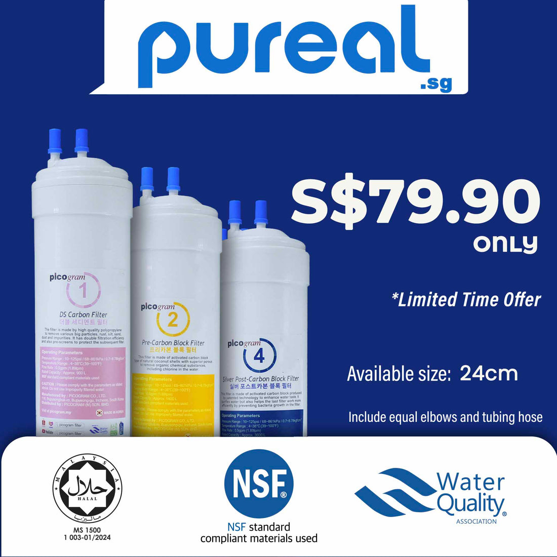 (Jakim Halal)Pureal Premium 3PC, 24cm Sediment, Pre-Carbon, Silver-Carbon, Water Filter, Water Dispenser, Water Purifier