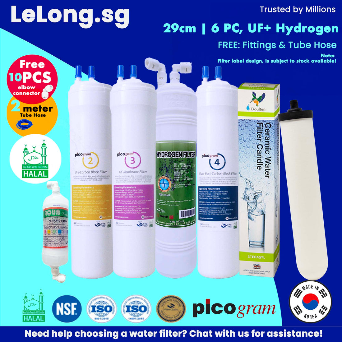 29cm/ 11" Korea ULTRA FILTRATION + HYDROGEN-RICH Water Filtration Replacement Cartridges, UF Membrane, Pre-Carbon, Hydrogen Filter, Post-Carbon Filter+Alkaline Ball+Doulton Sterasyl Filter