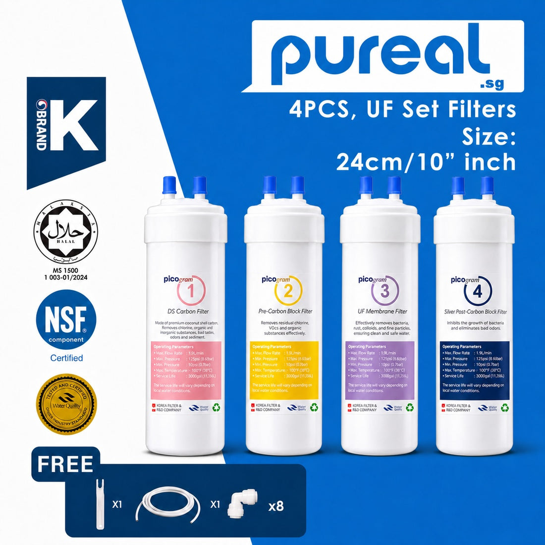 4PC UF Set , Korea Picogram Filters Cartridge for Korea Water Purifier, Coway, Cuckoo, Aox Tong Yang Magic Water Purifier Water Dispenser Water Filter