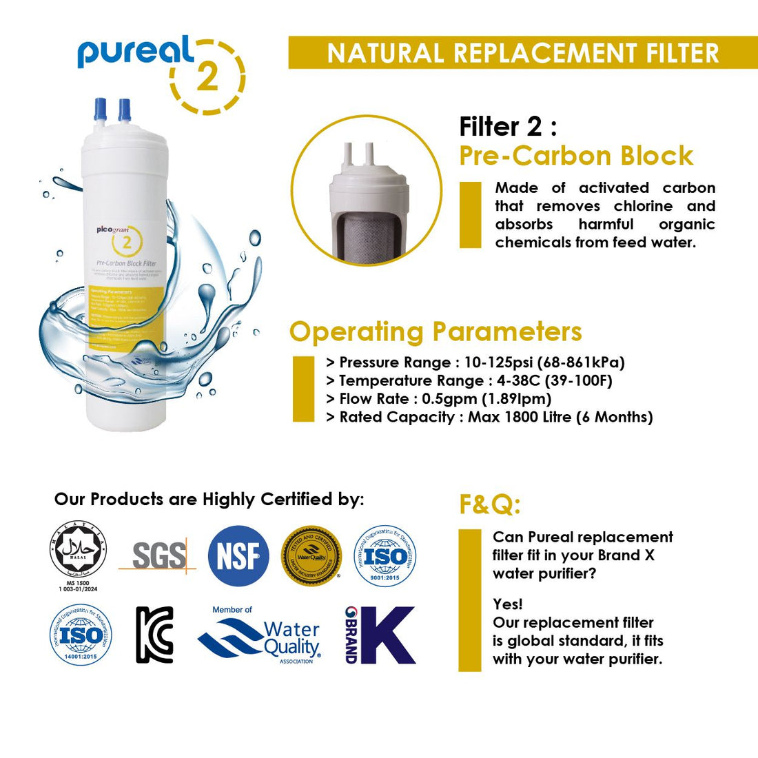 (Jakim Halal)Pureal Premium 3PC, 24cm DS Filter, Pre-Carbon, Silver-Carbon, Water Filter, Water Dispenser, Water Purifier