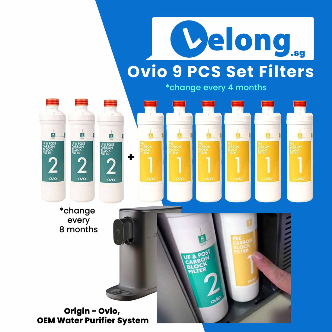 Korea Ovio Origin 9 PCS, 2 Years Korea Original Compatible filters for Stera Tankless Water Purifier, 6PCs Carbon &amp; 3PC UF