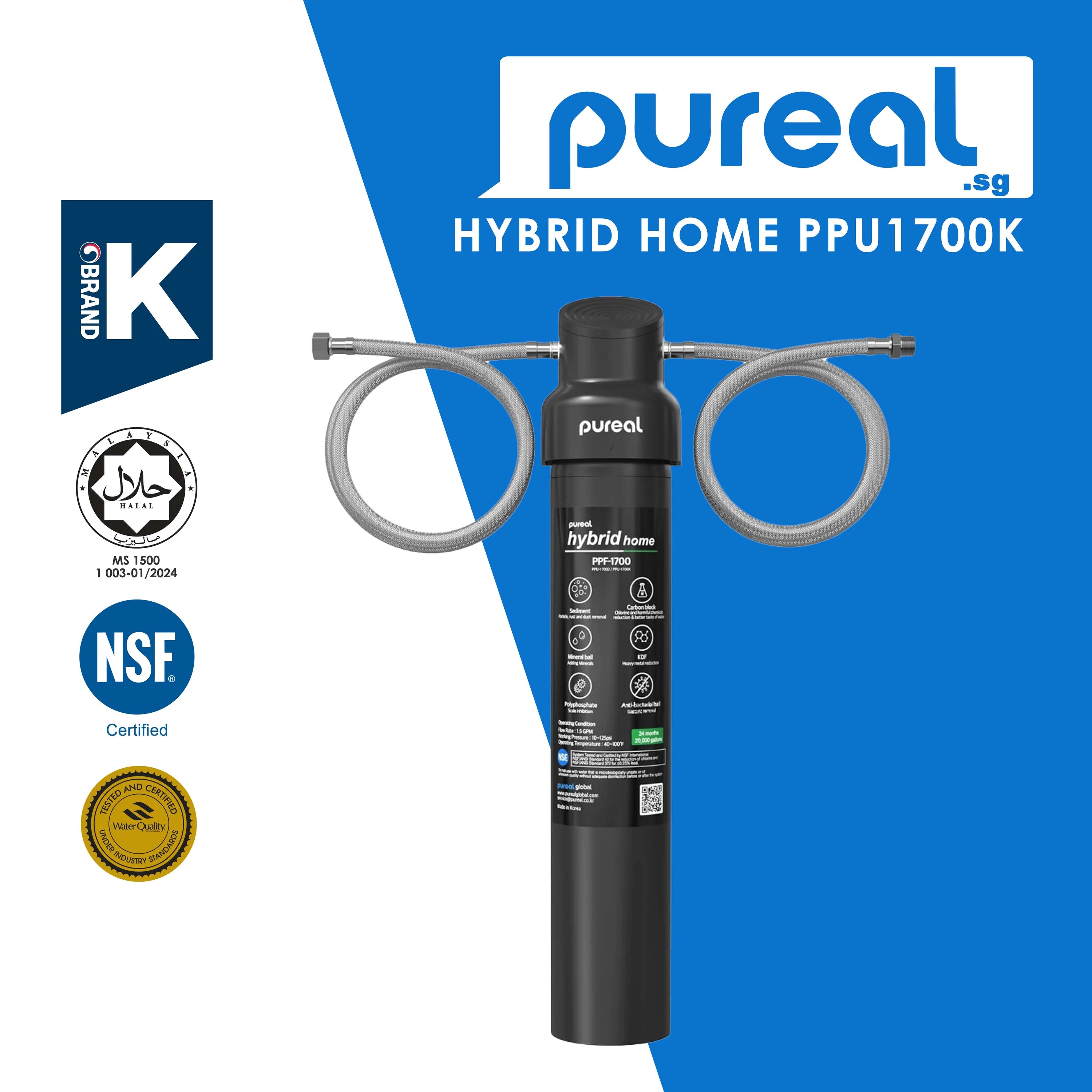 Pureal Hybrid Home PPU1700K Under Sink Water Filter System, 20K Gallons, NSF/ANSI 42&amp;372, Mineral Sediment Carbon Block KDF Polyphosphate Filter for Scale &amp; Lead &amp; Chlorine