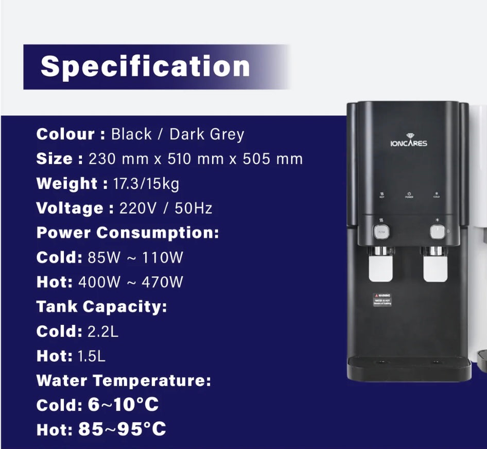 [FREE Installation + ideal for Small Office use] IONCARES Saeng Su Water Dispenser (Hot and Cold, 4 Stage Filtration System) Elegant Black