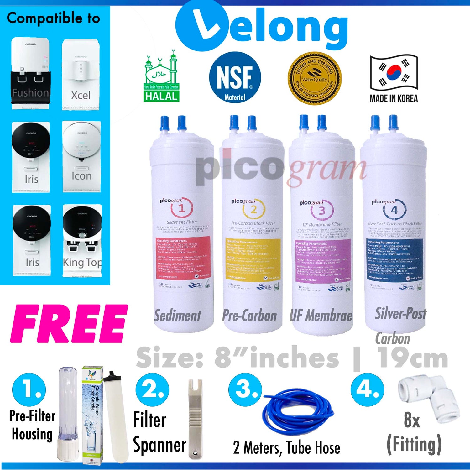 【Free PRE-FILTER +Fitting】Compatible to Cuckoo Fusion Top, King Top, Icon, Iris, Xcel Dispenser 8 Inch Picogram Korea HALAL Filters